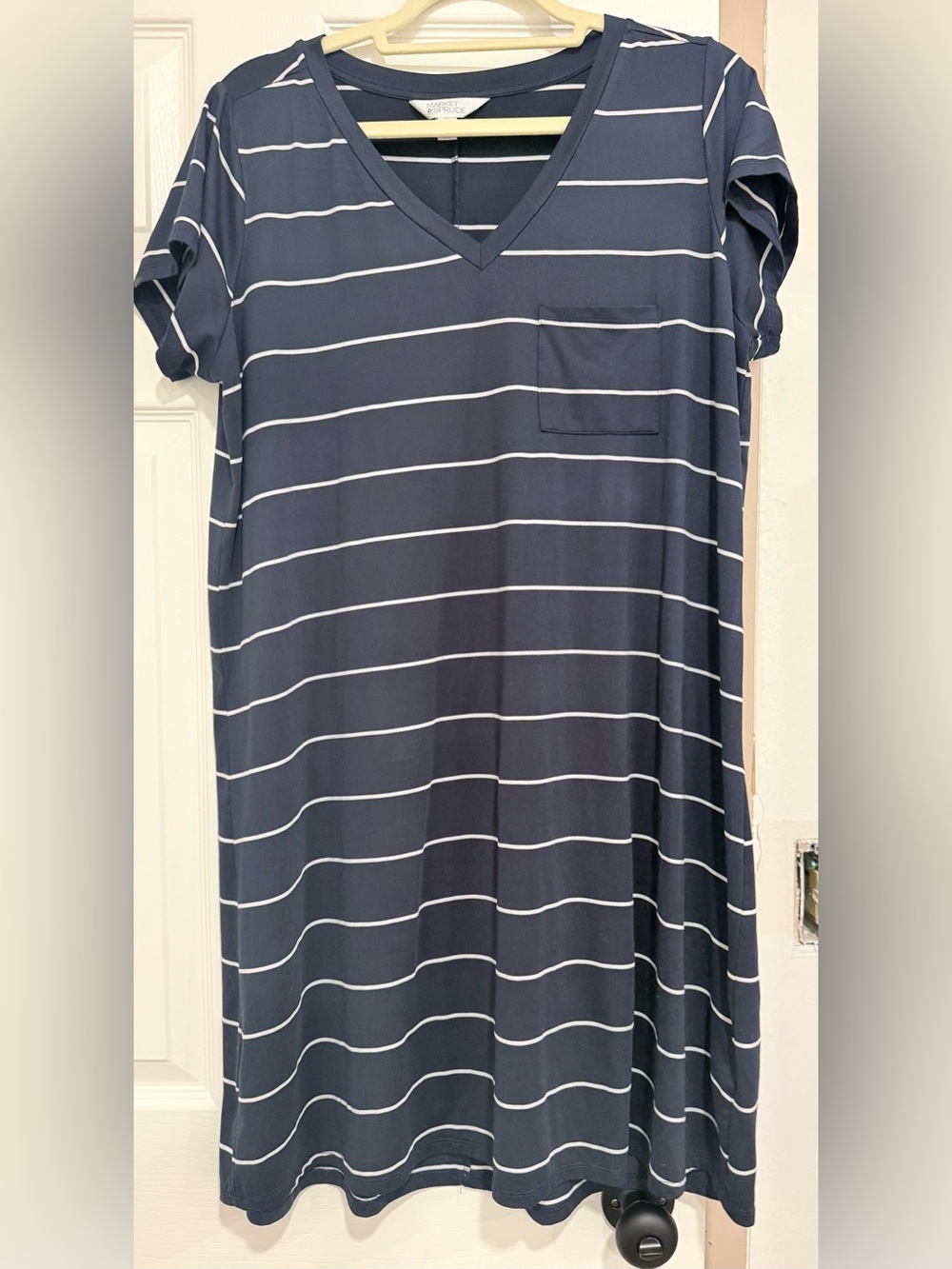 Market & Spruce Navy and White Striped V-Neck Pocket Midi Dress